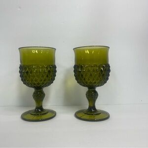 vintage indiana glass green diamond point goblet 6.5 inches set of 2